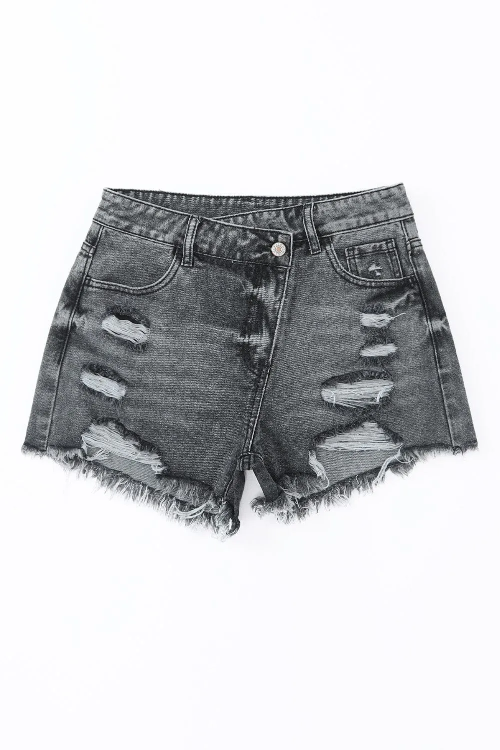 Black Acid Wash High Waist Crossover Denim Shorts