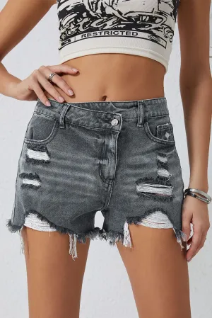 Black Acid Wash High Waist Crossover Denim Shorts