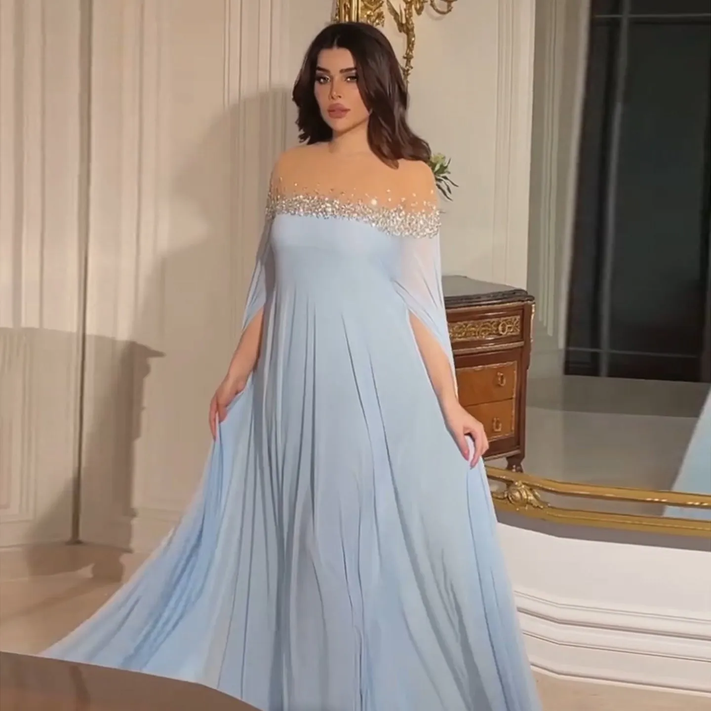 Elegant Crystal Baby Blue Evening Dress SS308