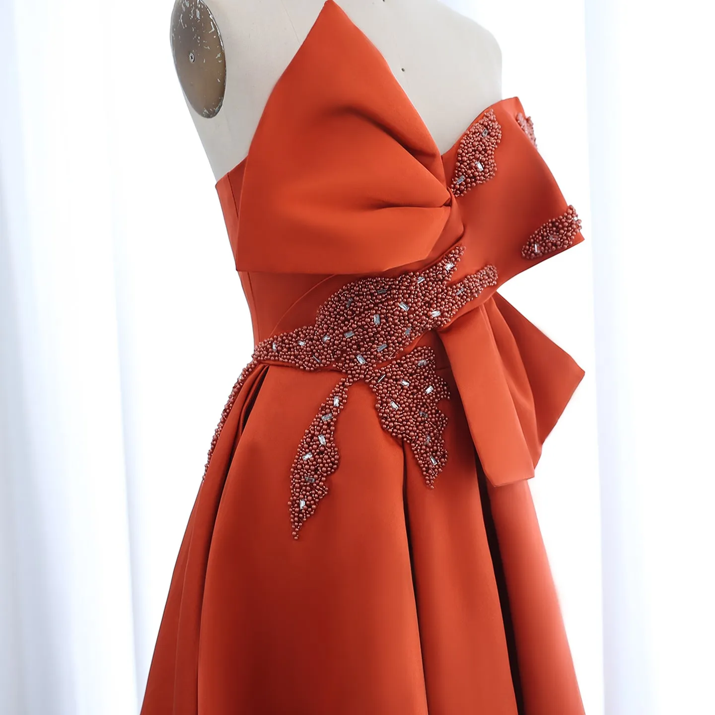 Elegant Orange Satin Off Shoulder High-Low Evening Dress SS338