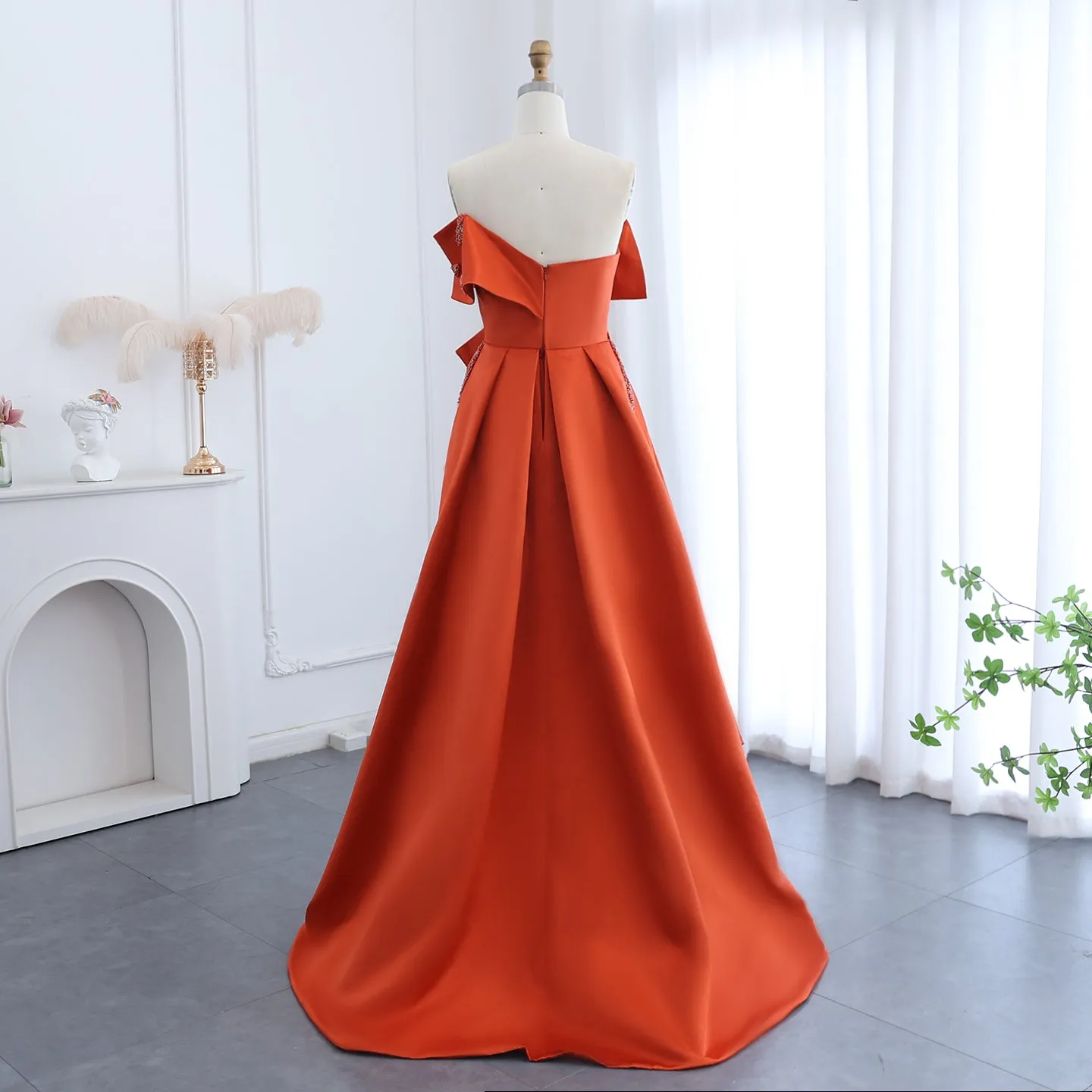 Elegant Orange Satin Off Shoulder High-Low Evening Dress SS338