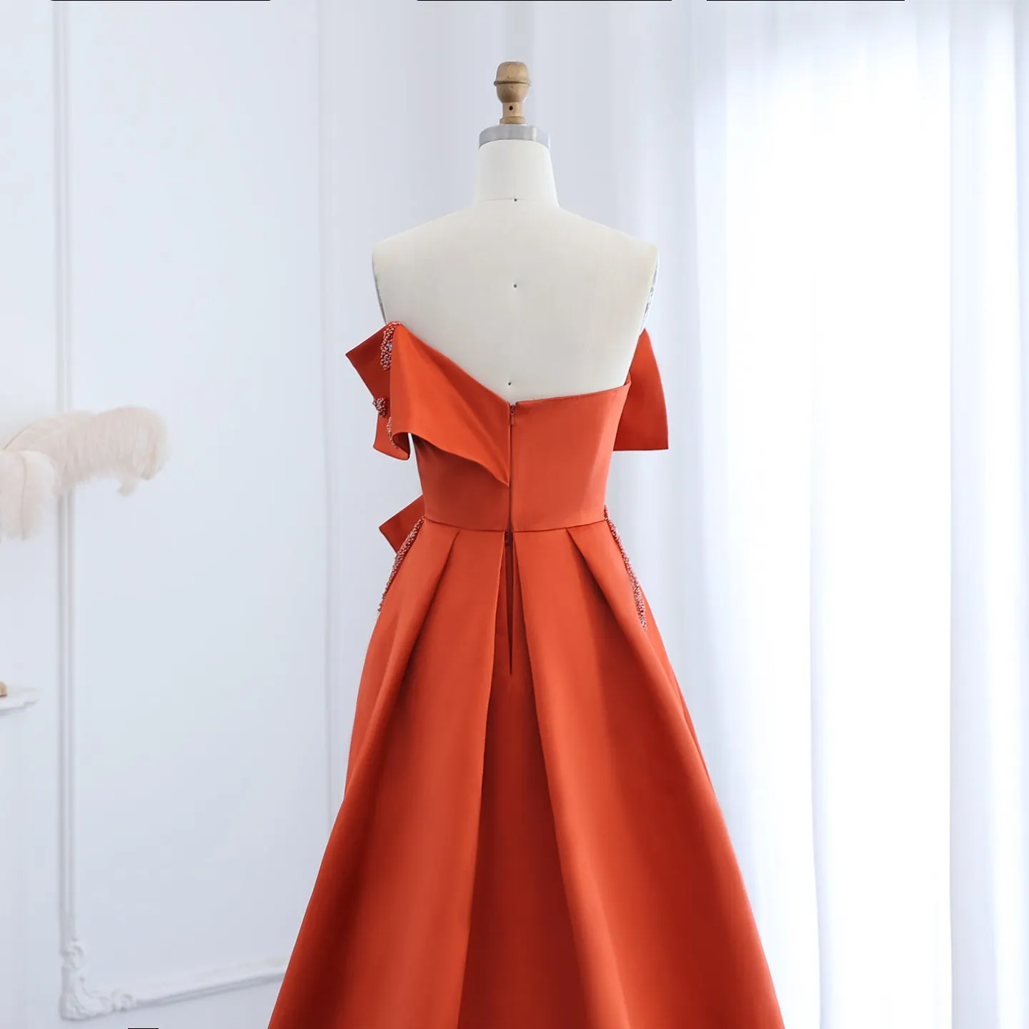 Elegant Orange Satin Off Shoulder High-Low Evening Dress SS338