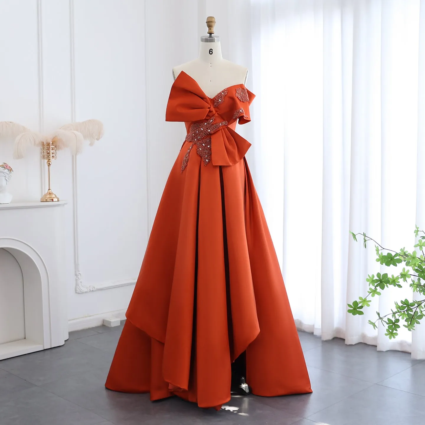 Elegant Orange Satin Off Shoulder High-Low Evening Dress SS338