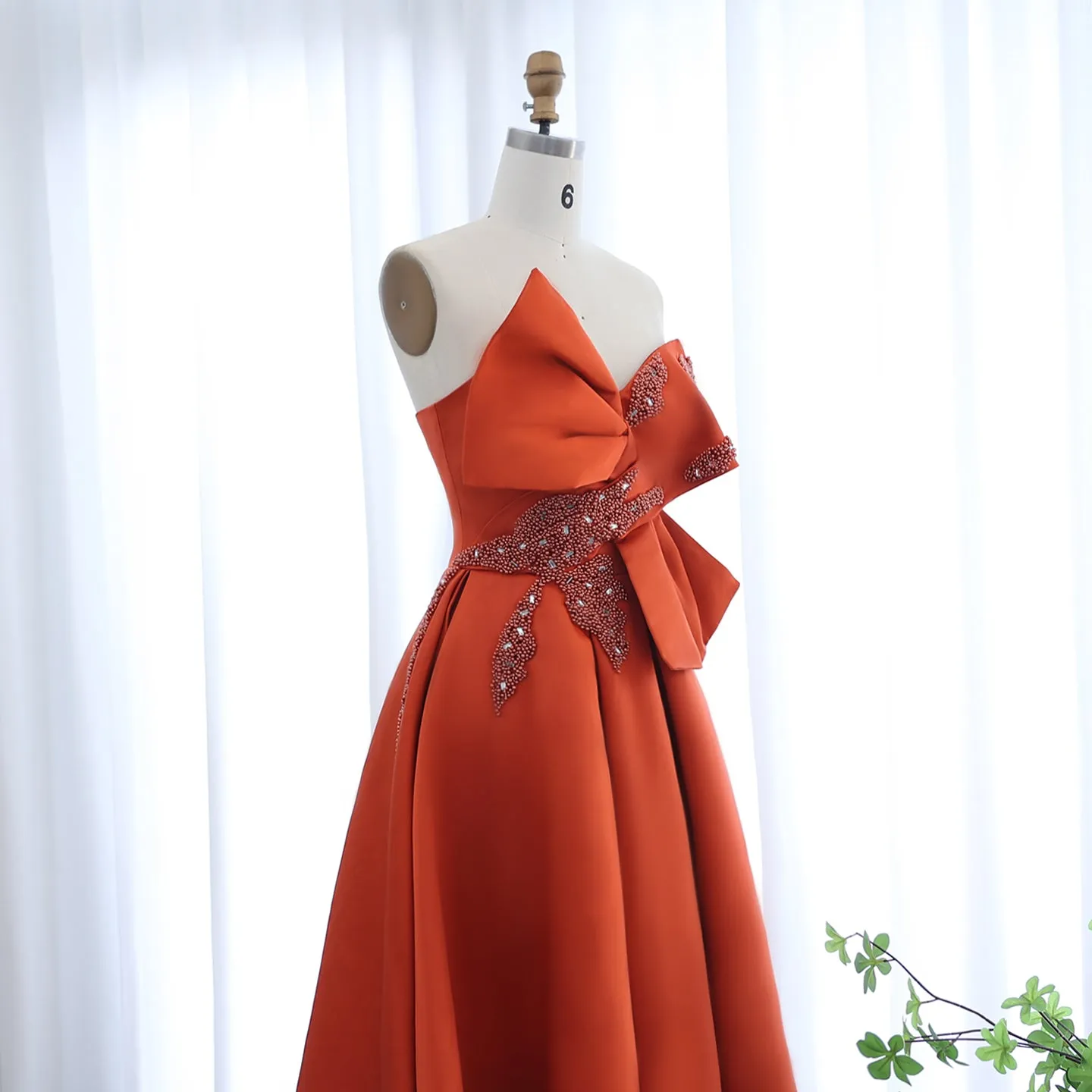 Elegant Orange Satin Off Shoulder High-Low Evening Dress SS338