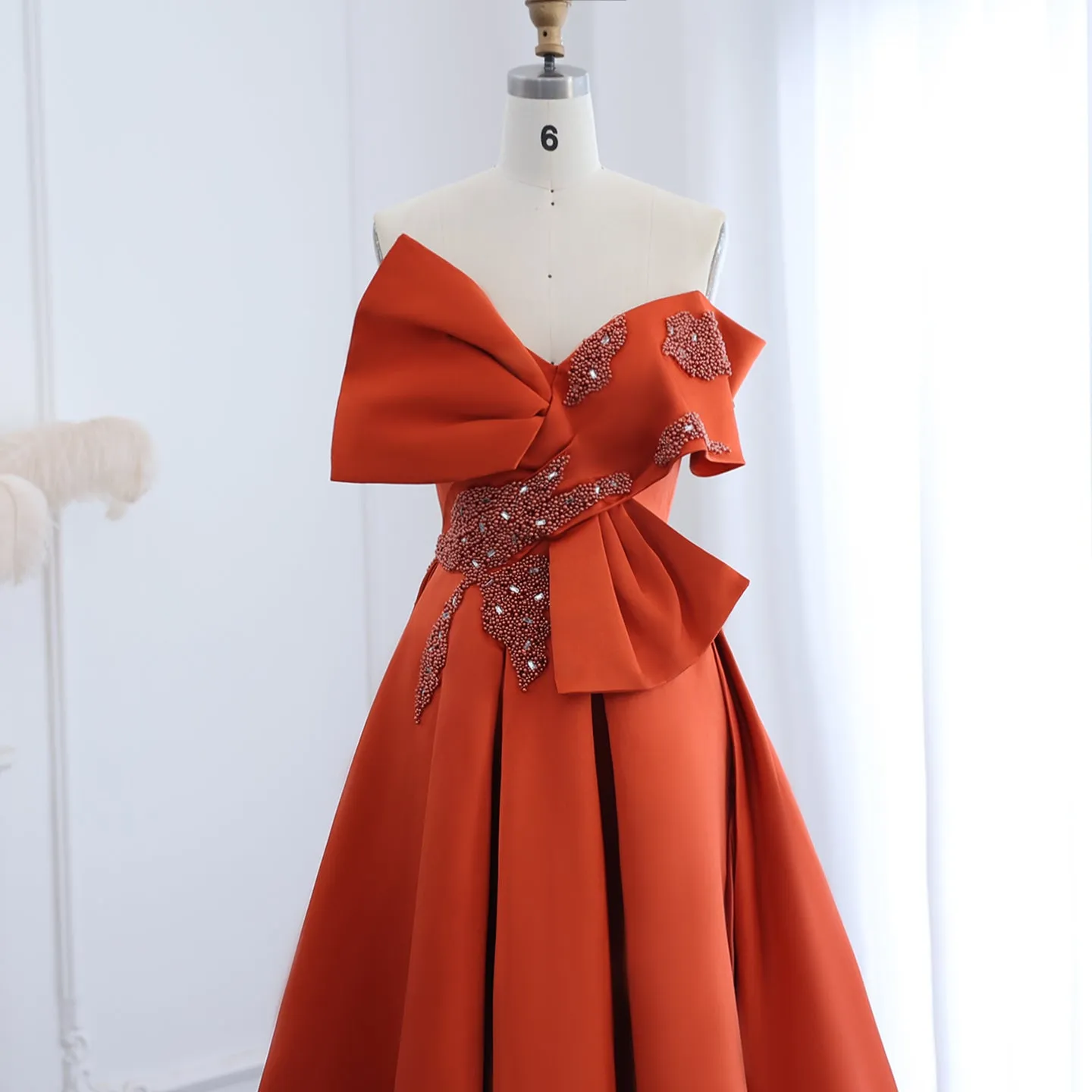 Elegant Orange Satin Off Shoulder High-Low Evening Dress SS338