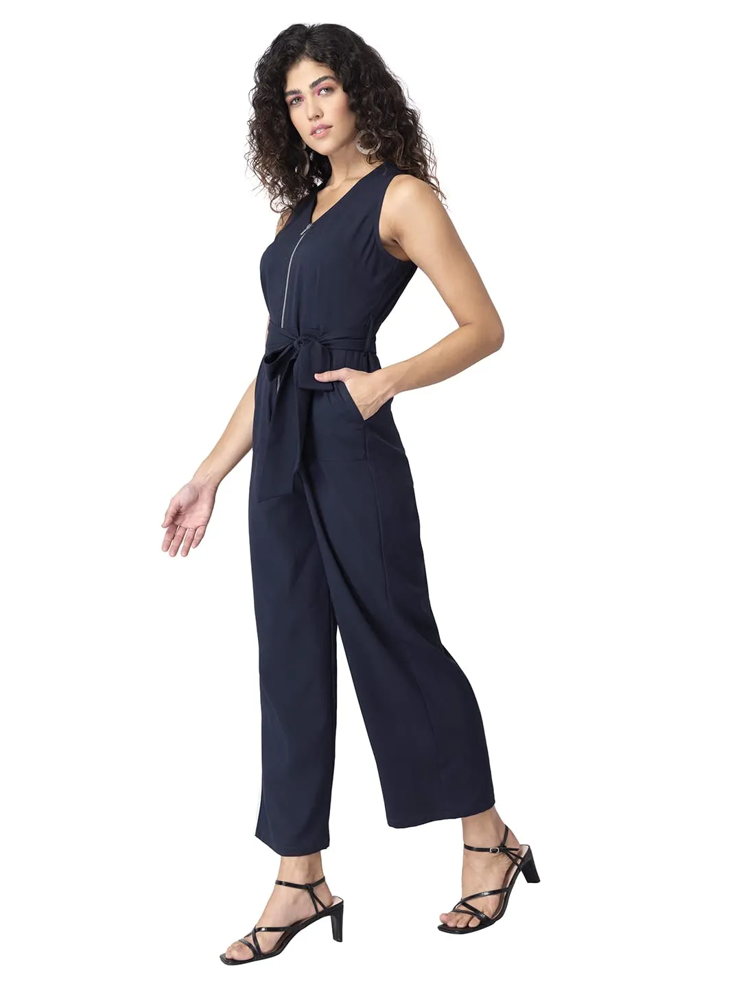 FabAlley Navy Zipped Sleeveless Belted Jumpsuit