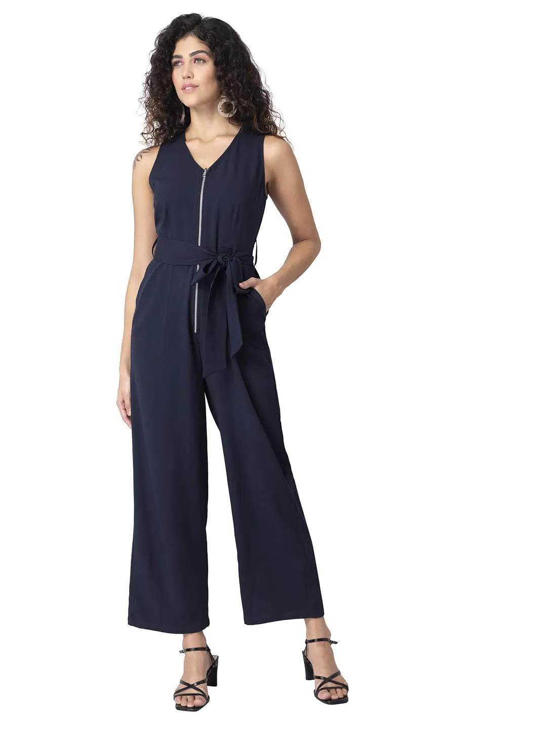 FabAlley Navy Zipped Sleeveless Belted Jumpsuit