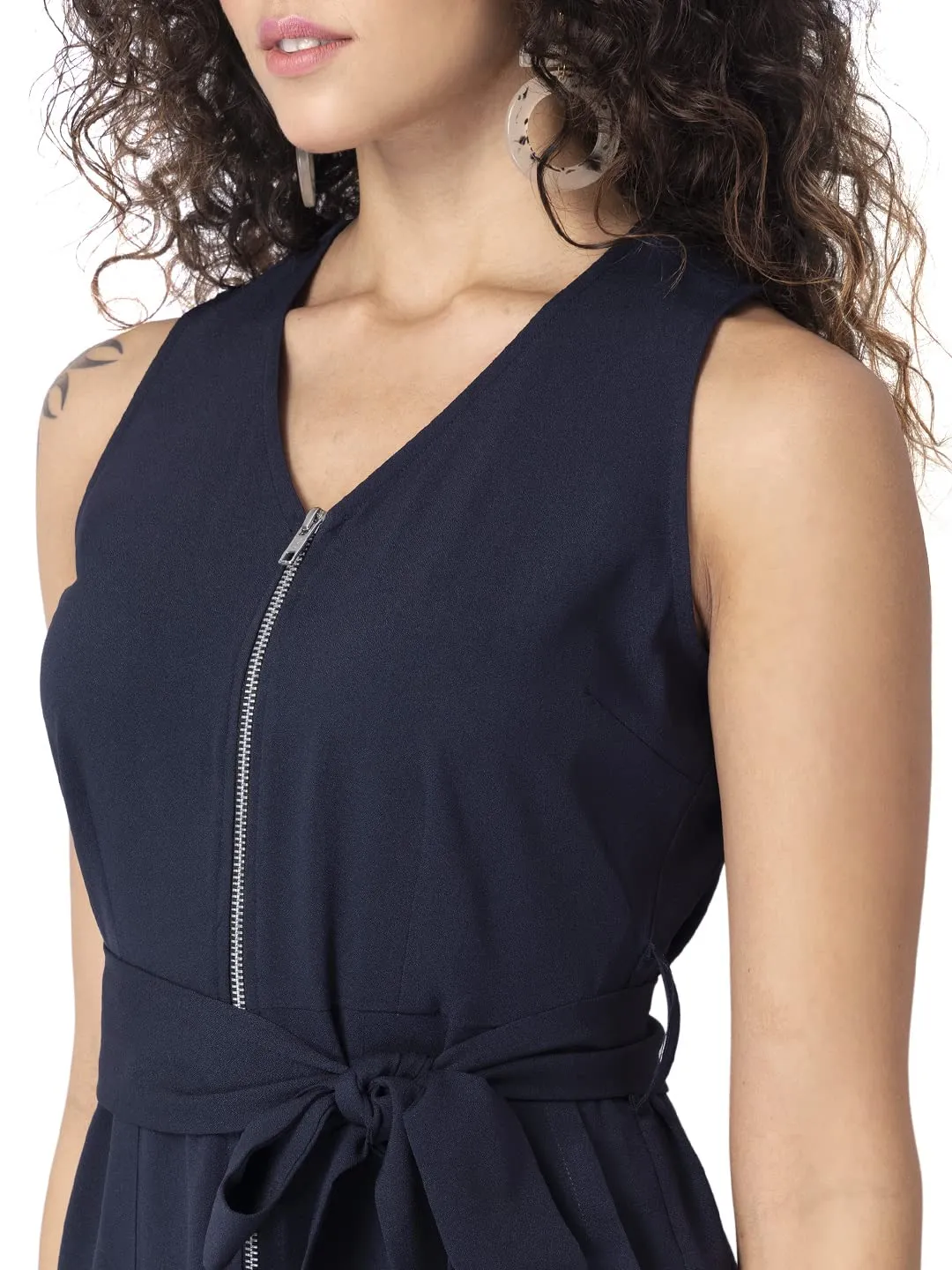 FabAlley Navy Zipped Sleeveless Belted Jumpsuit