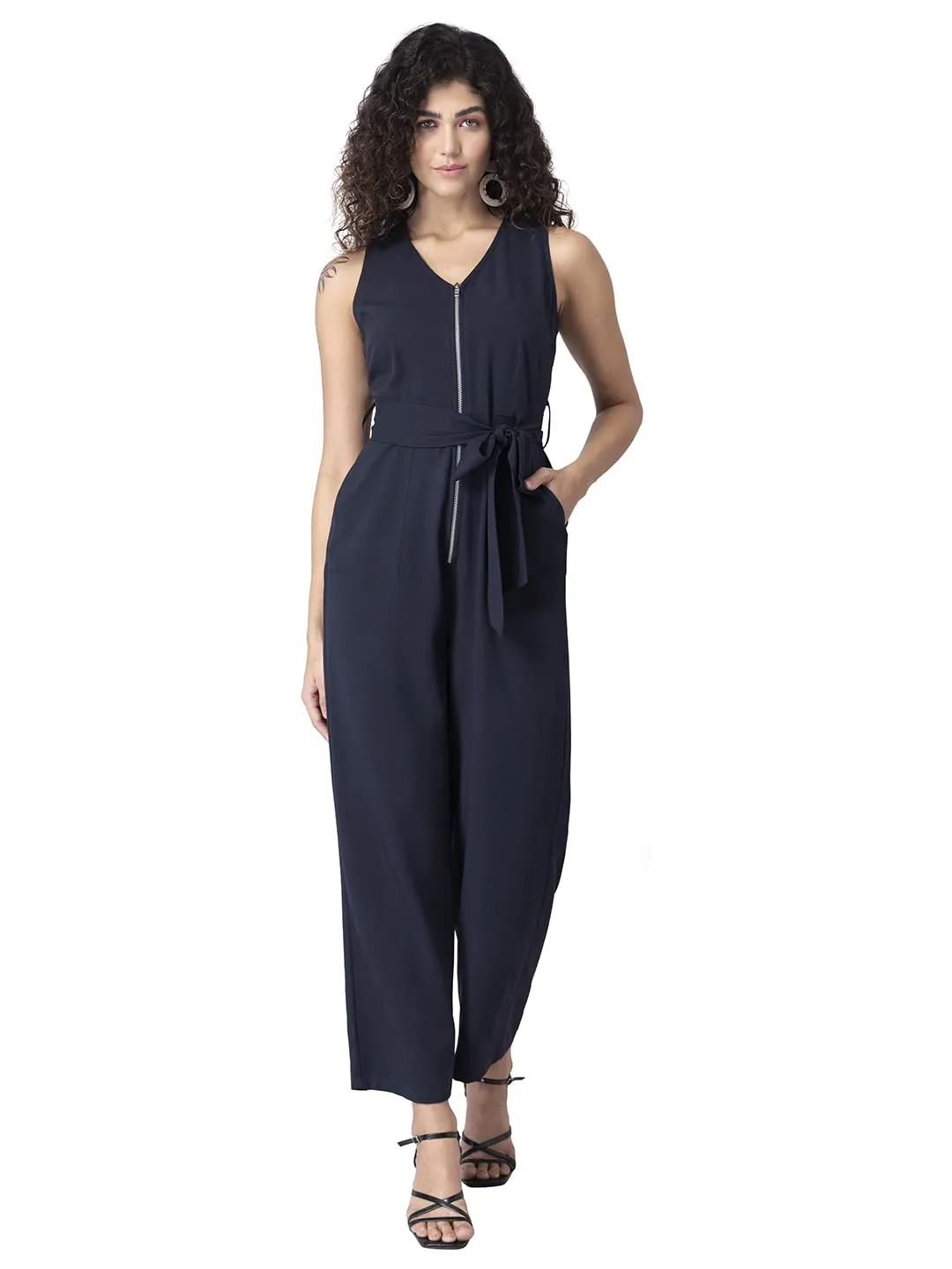 FabAlley Navy Zipped Sleeveless Belted Jumpsuit