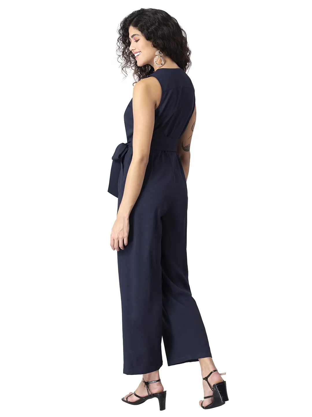 FabAlley Navy Zipped Sleeveless Belted Jumpsuit