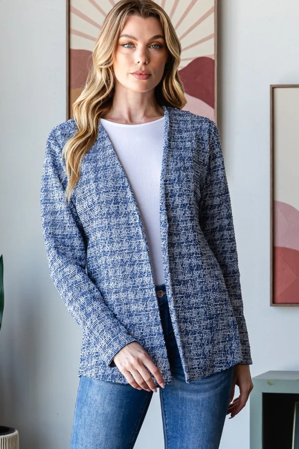 Full Size Houndstooth Tweed Open Front Blazer