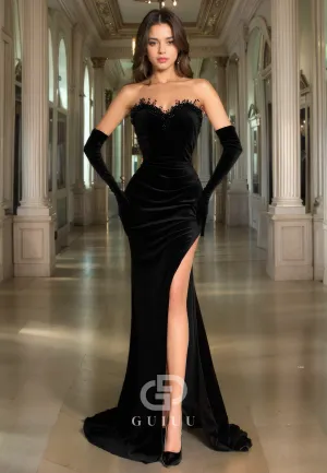 G2376 - Sexy & Hot Velvet Sweetheart Long Sleeves Pleats Floor Evening Prom Dress