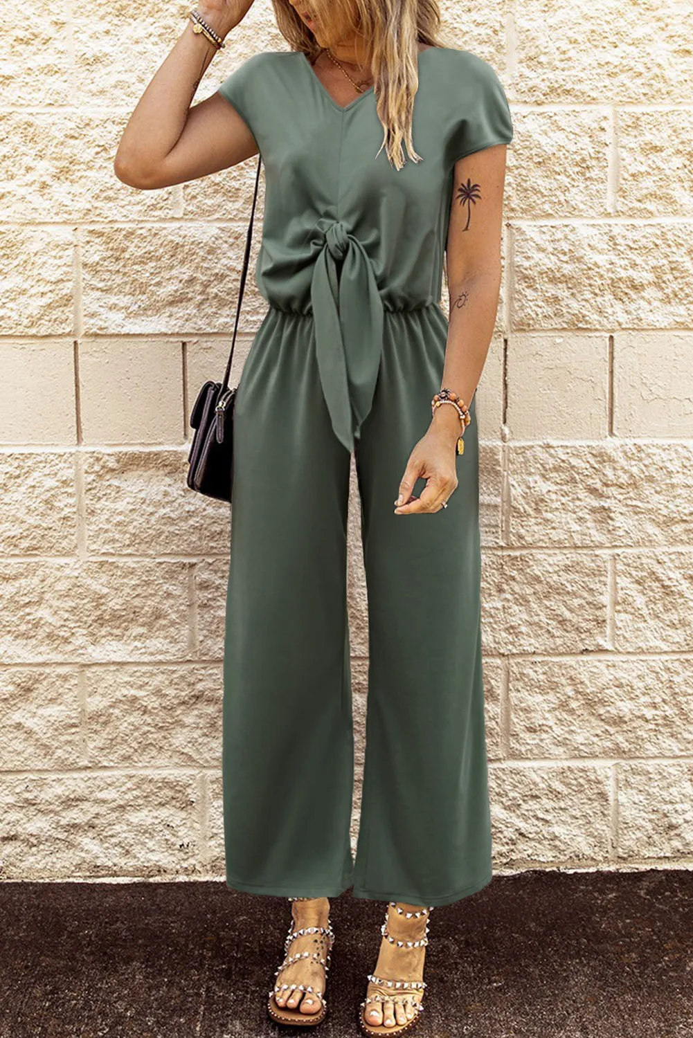 Green Short Sleeves V Neck Knotted Wide Leg Jumpsuit