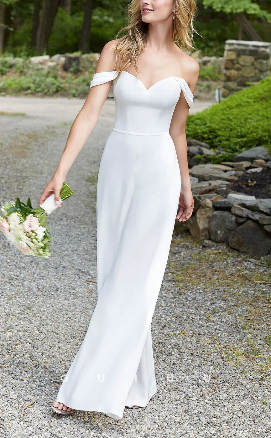 GW207 - Simple Satin Off-Shoulder Jumpsuits Beach Wedding Dress Bridal Gowns