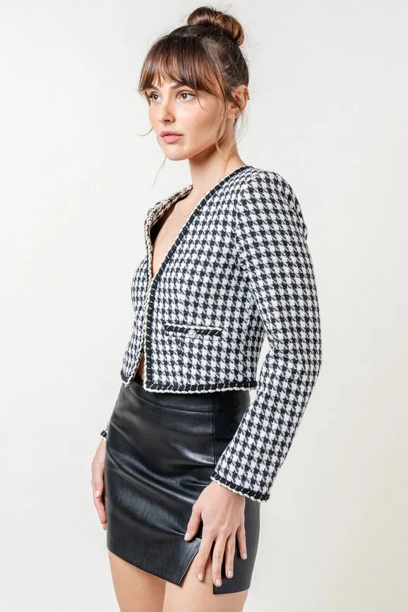 Houndstooth Tweed Collarless Blazer w/ Braid Trim