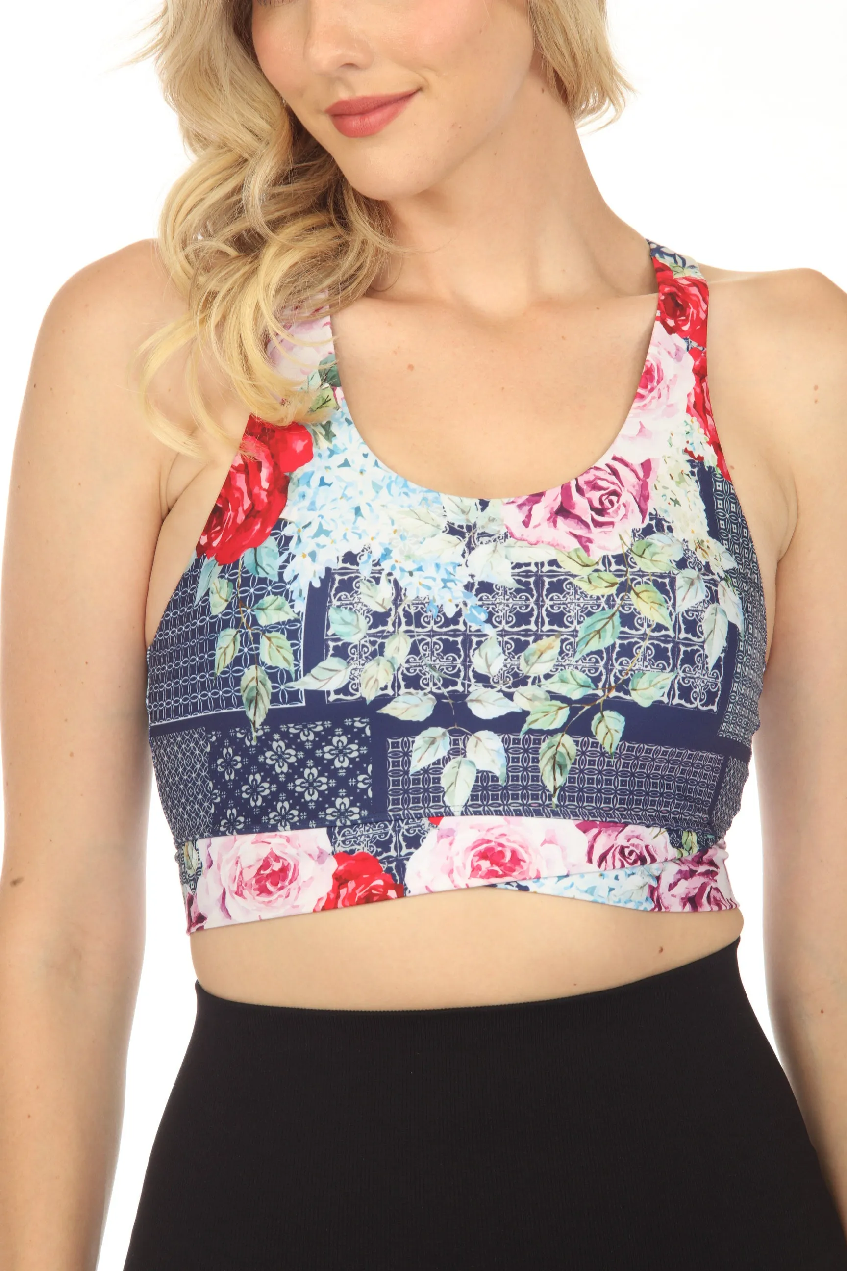 Johnny Was Bee Active Rose Patch Cross Hem Sports Bra Boho Chic A7923