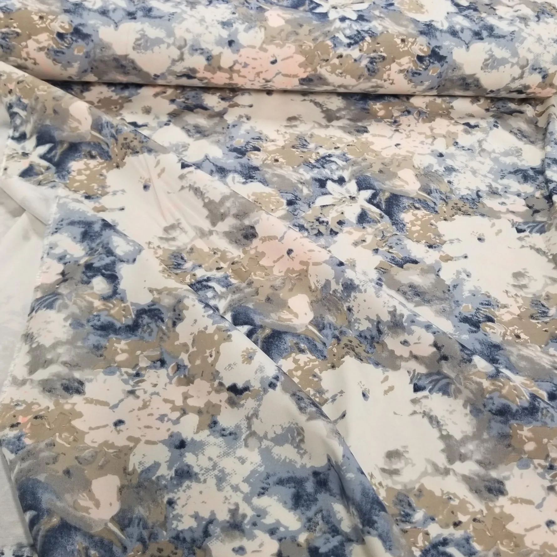 LA Designer Deadstock Watercolor Scattered Floral Pink and Blue Sateen Cotton Spandex Twill Woven-by the yard