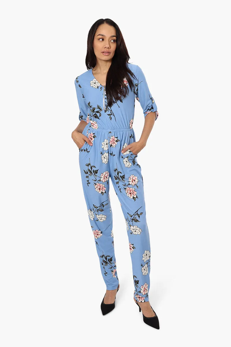 Limite Floral Front Zip Jumpsuit - Blue