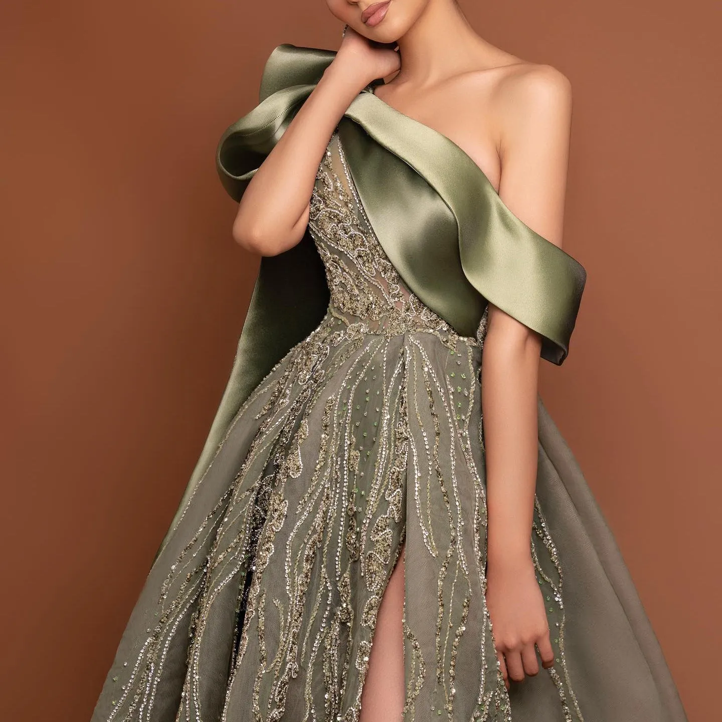 Luxury One Shoulder Olive Green Evening Dress SS323