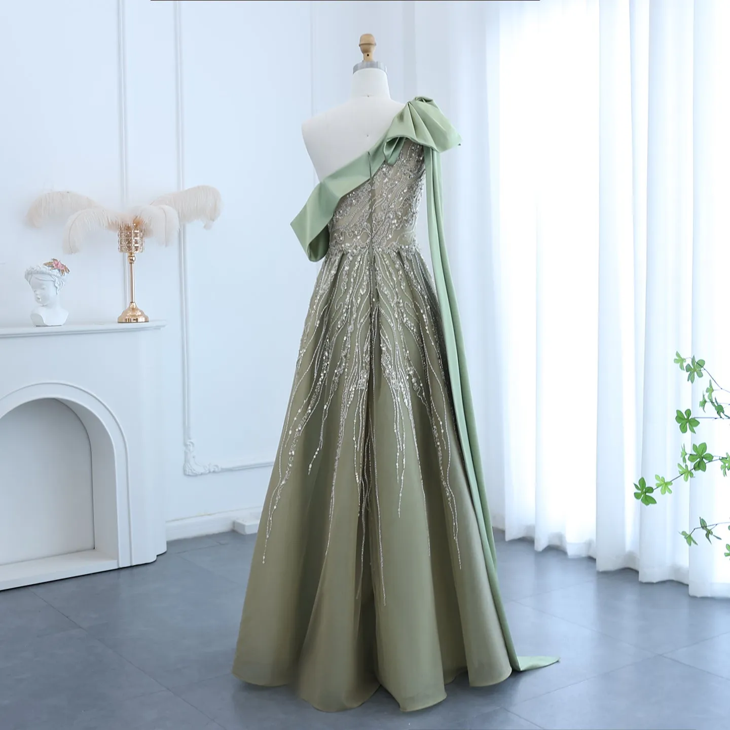 Luxury One Shoulder Olive Green Evening Dress SS323