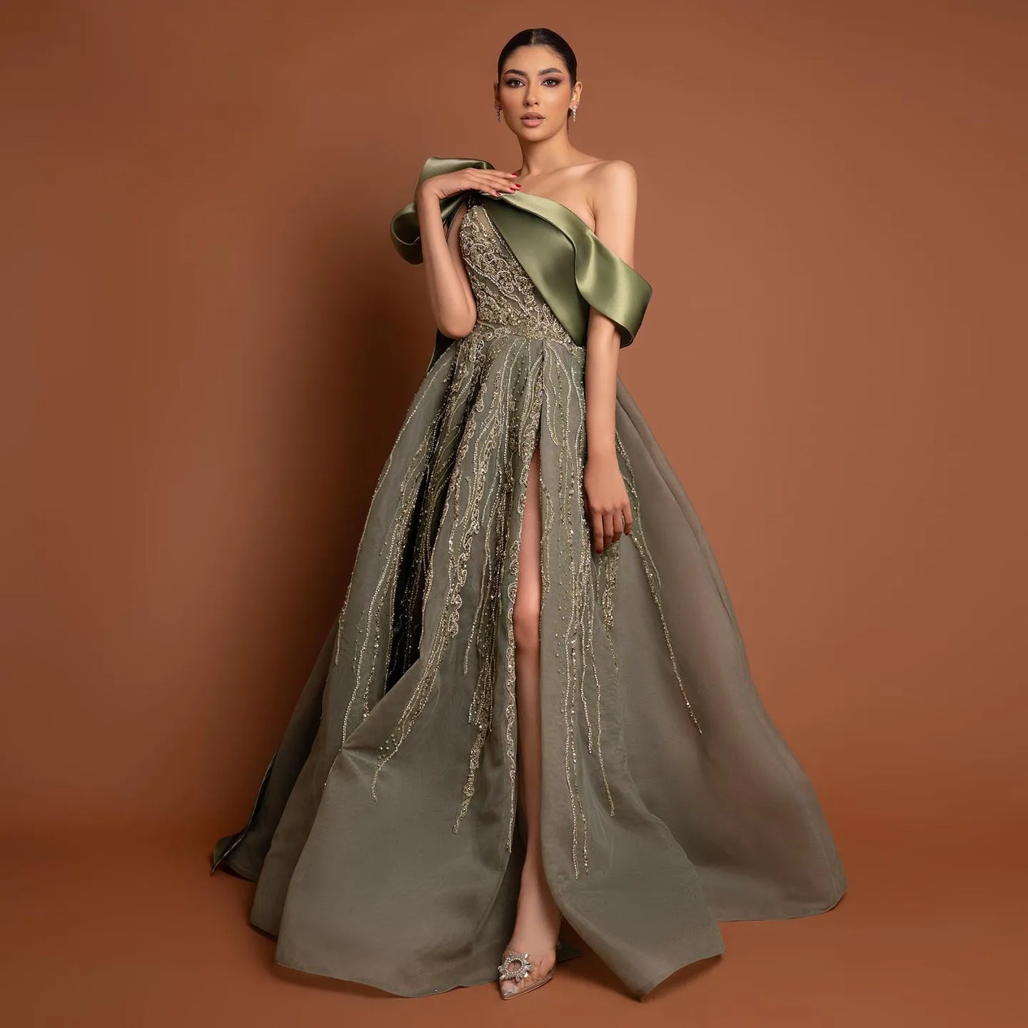 Luxury One Shoulder Olive Green Evening Dress SS323