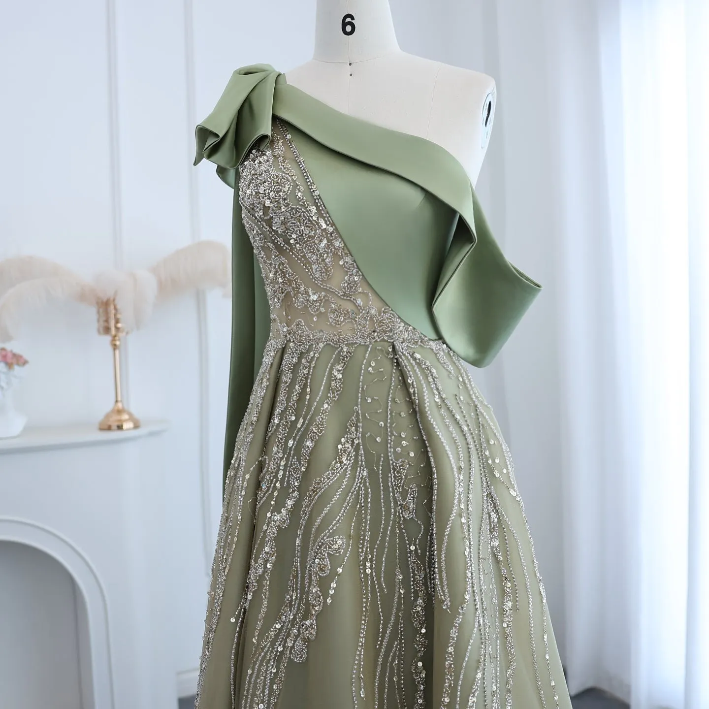 Luxury One Shoulder Olive Green Evening Dress SS323