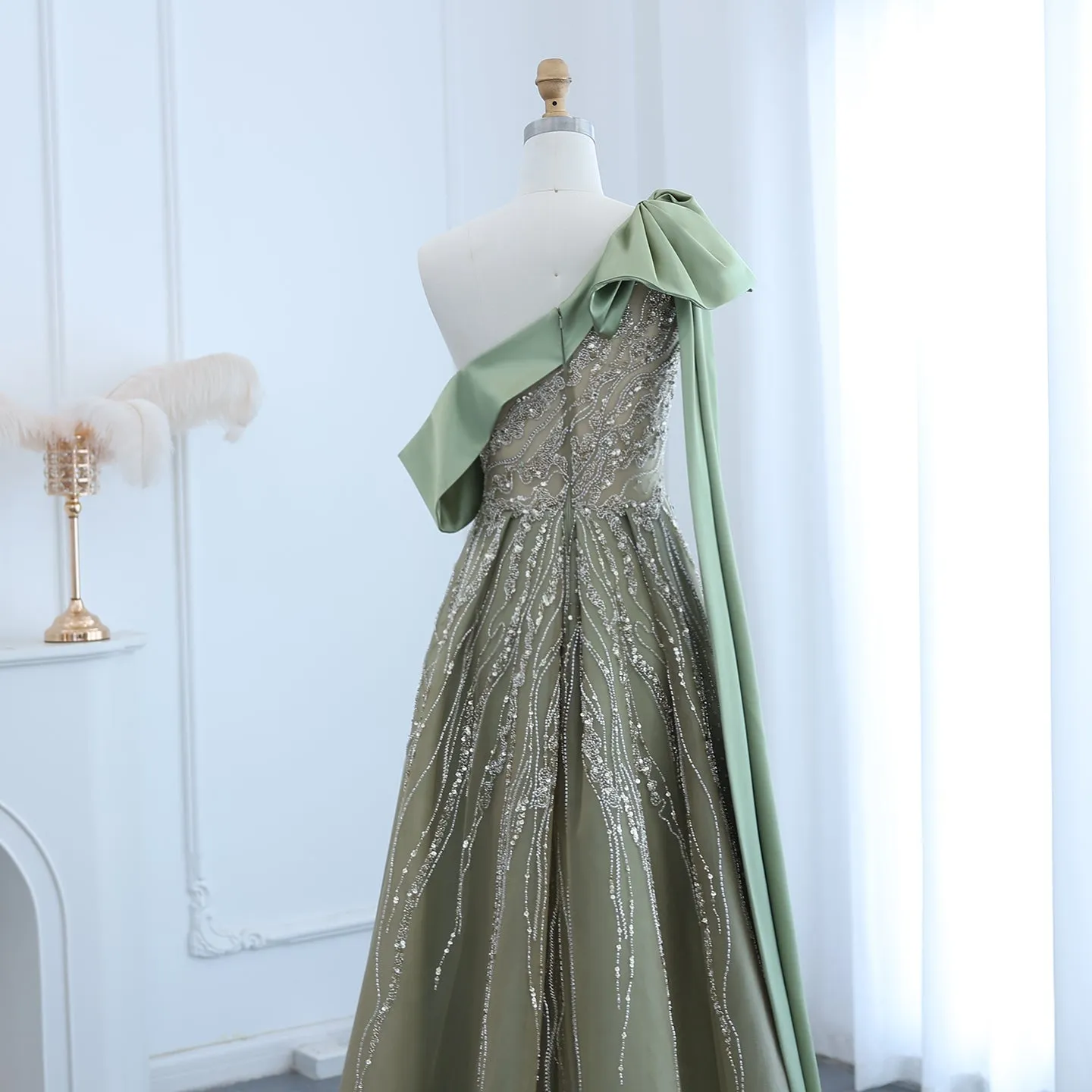 Luxury One Shoulder Olive Green Evening Dress SS323