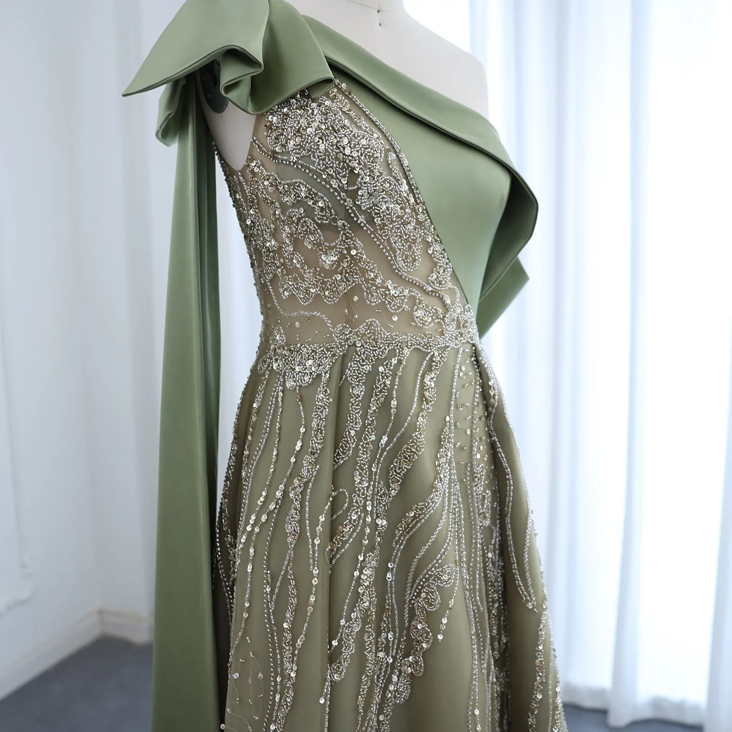 Luxury One Shoulder Olive Green Evening Dress SS323