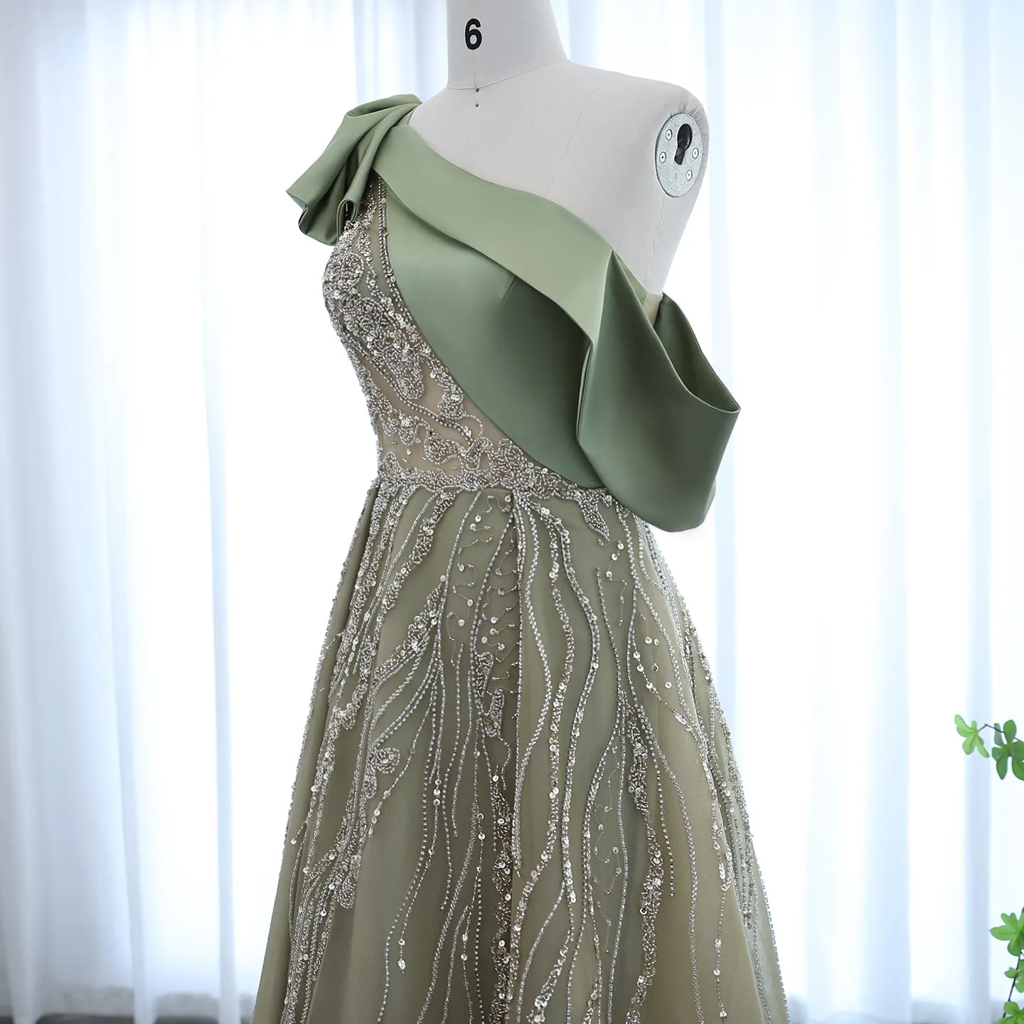 Luxury One Shoulder Olive Green Evening Dress SS323