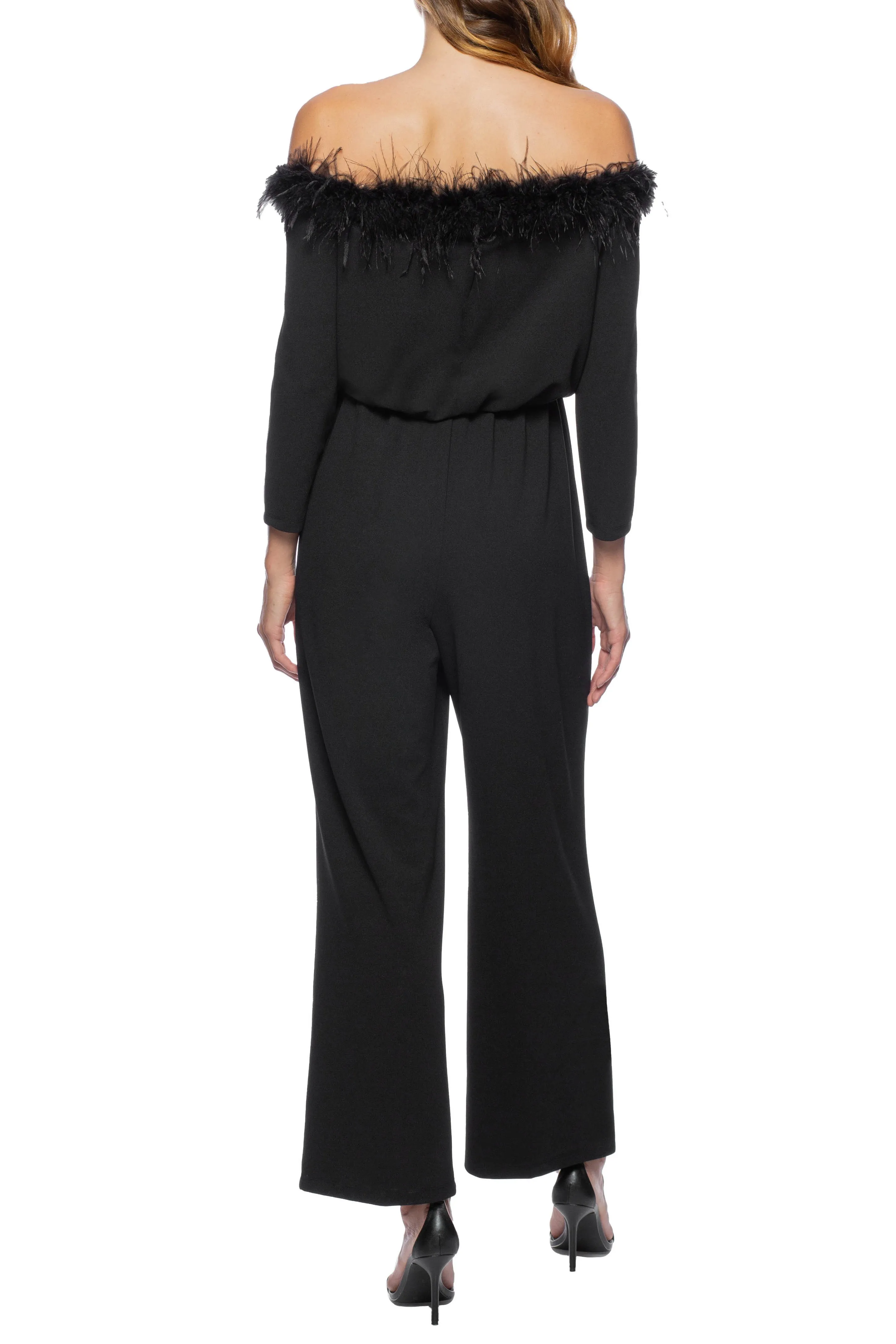 Marina feather detail off shoulder long sleeve zipper back blouson stretch crepe jumpsuit