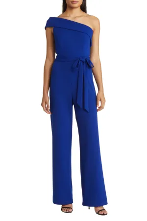 Marina One-Shoulder Stretch Crepe Foldover Neck Belted Waist Tie Jumpsuit