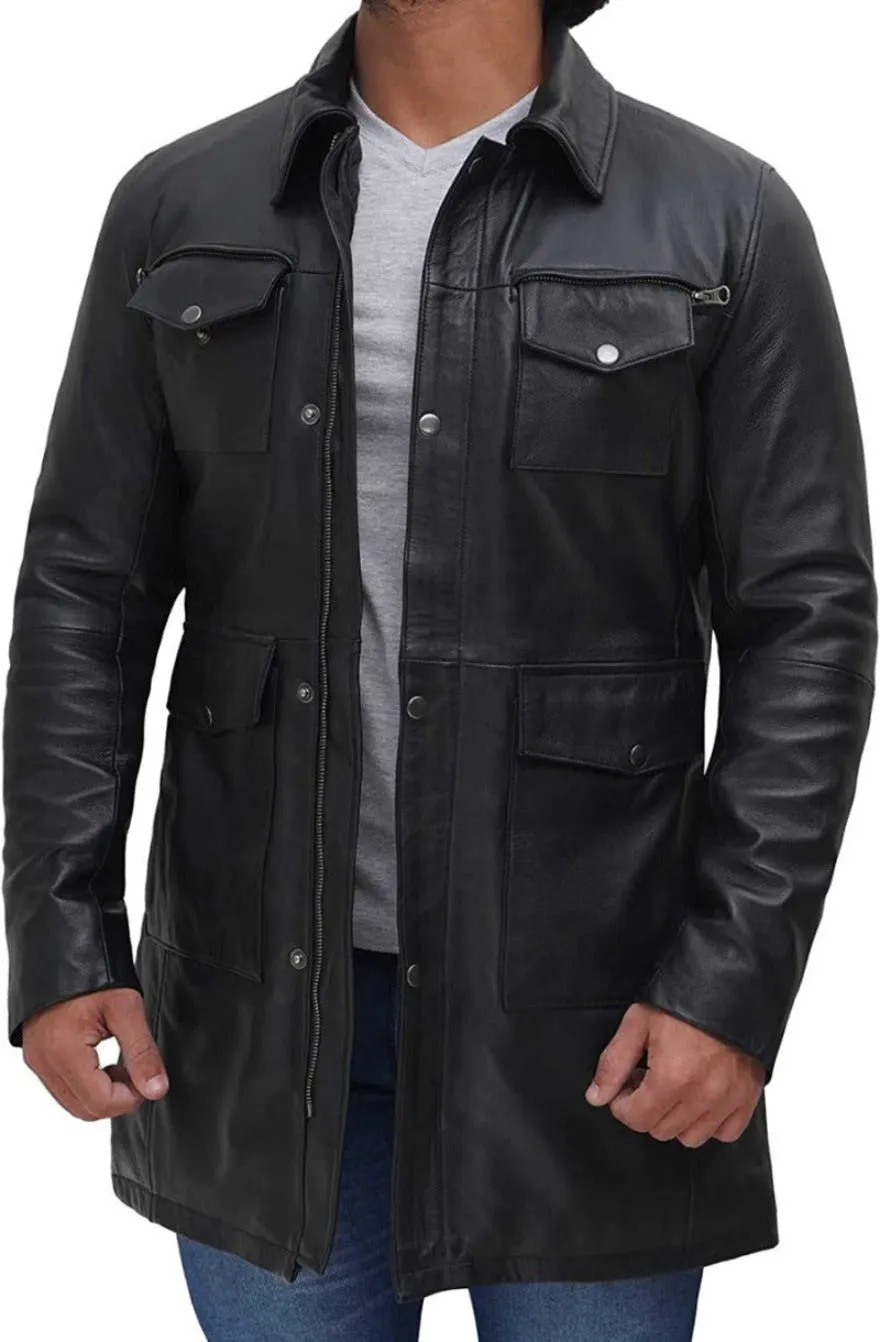 Mens Black Leather Car Coat