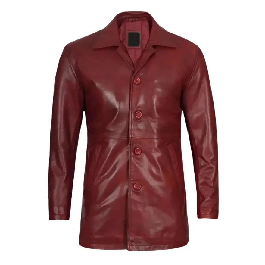 Mens Leather Trench Coat Maroon