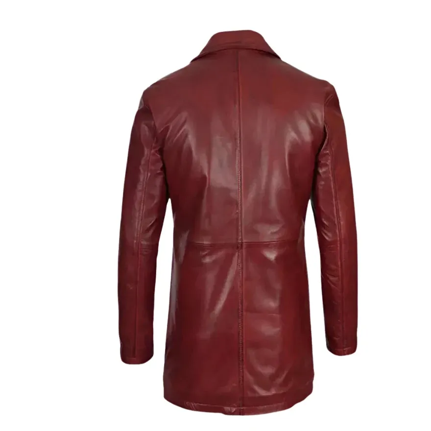 Mens Leather Trench Coat Maroon