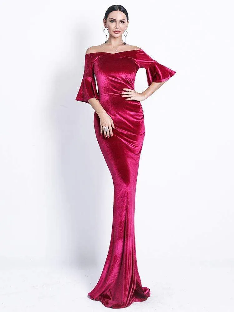 Off Shoulder Velvet Bell Sleeve Elegant Bodycon Dress