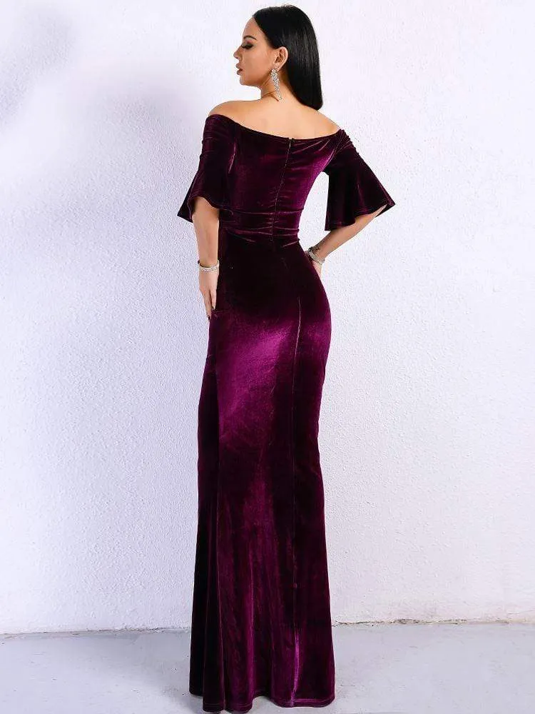 Off Shoulder Velvet Bell Sleeve Elegant Bodycon Dress