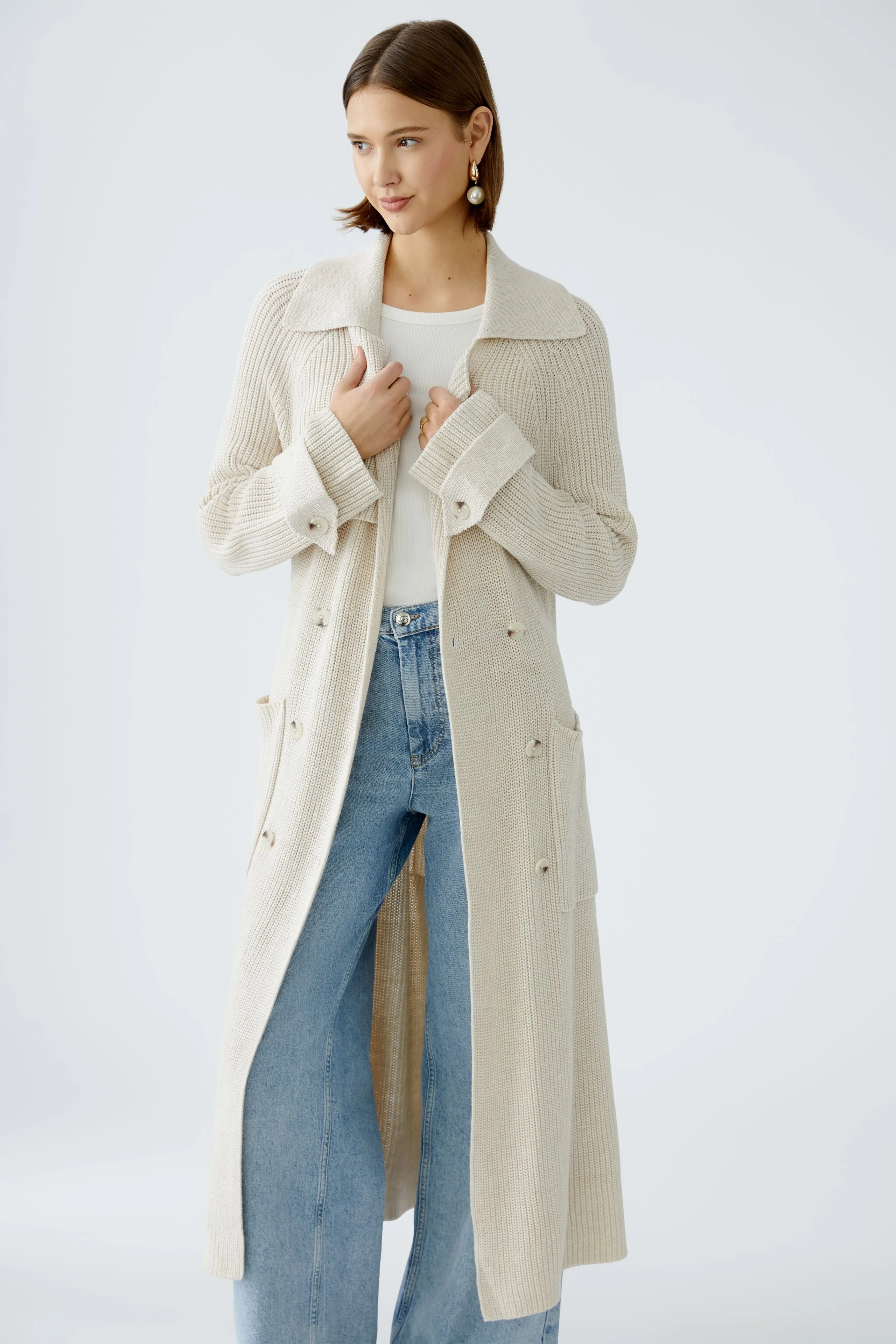 Oui Beige Knitted Long Trench Style Coatigan With Belt