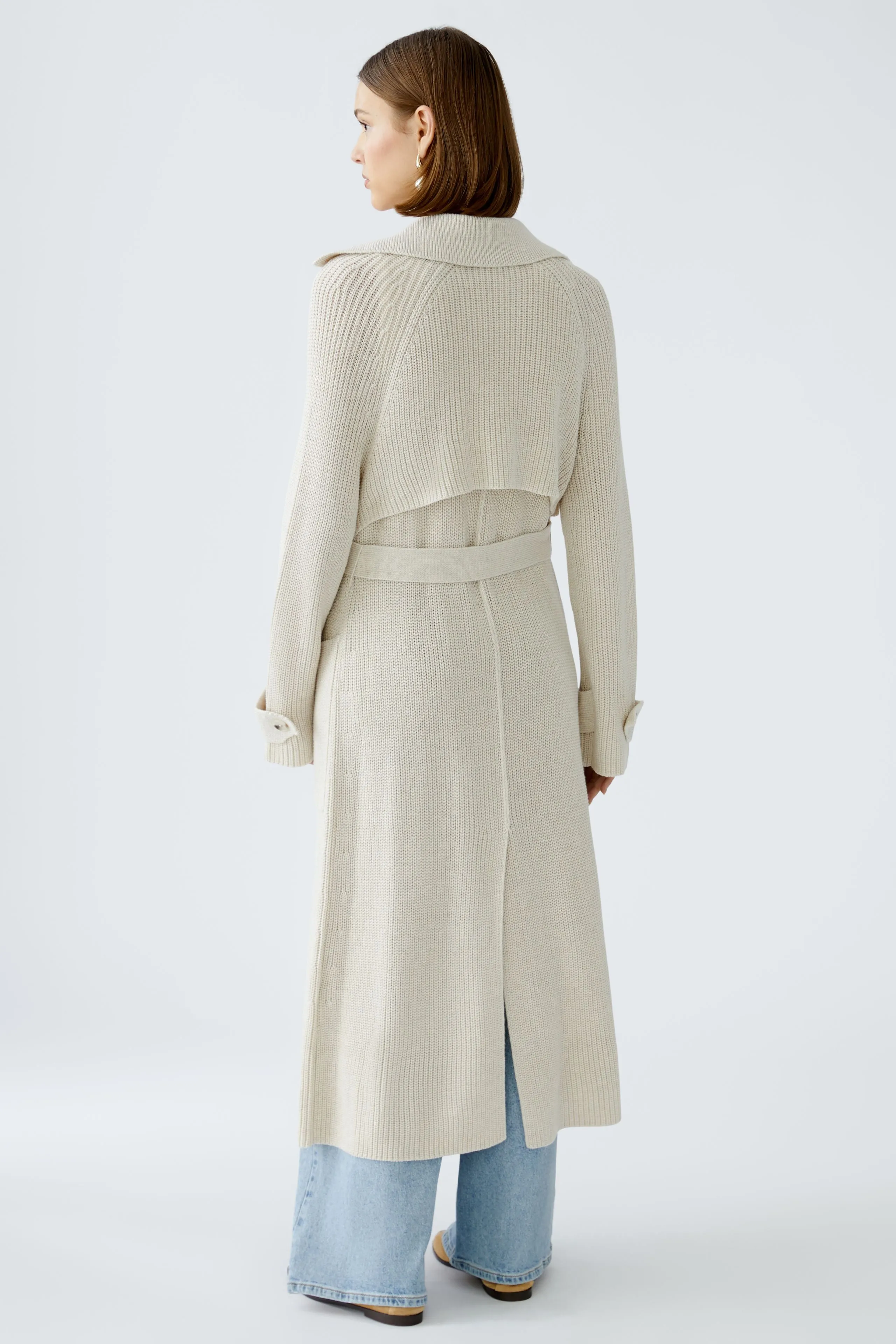 Oui Beige Knitted Long Trench Style Coatigan With Belt