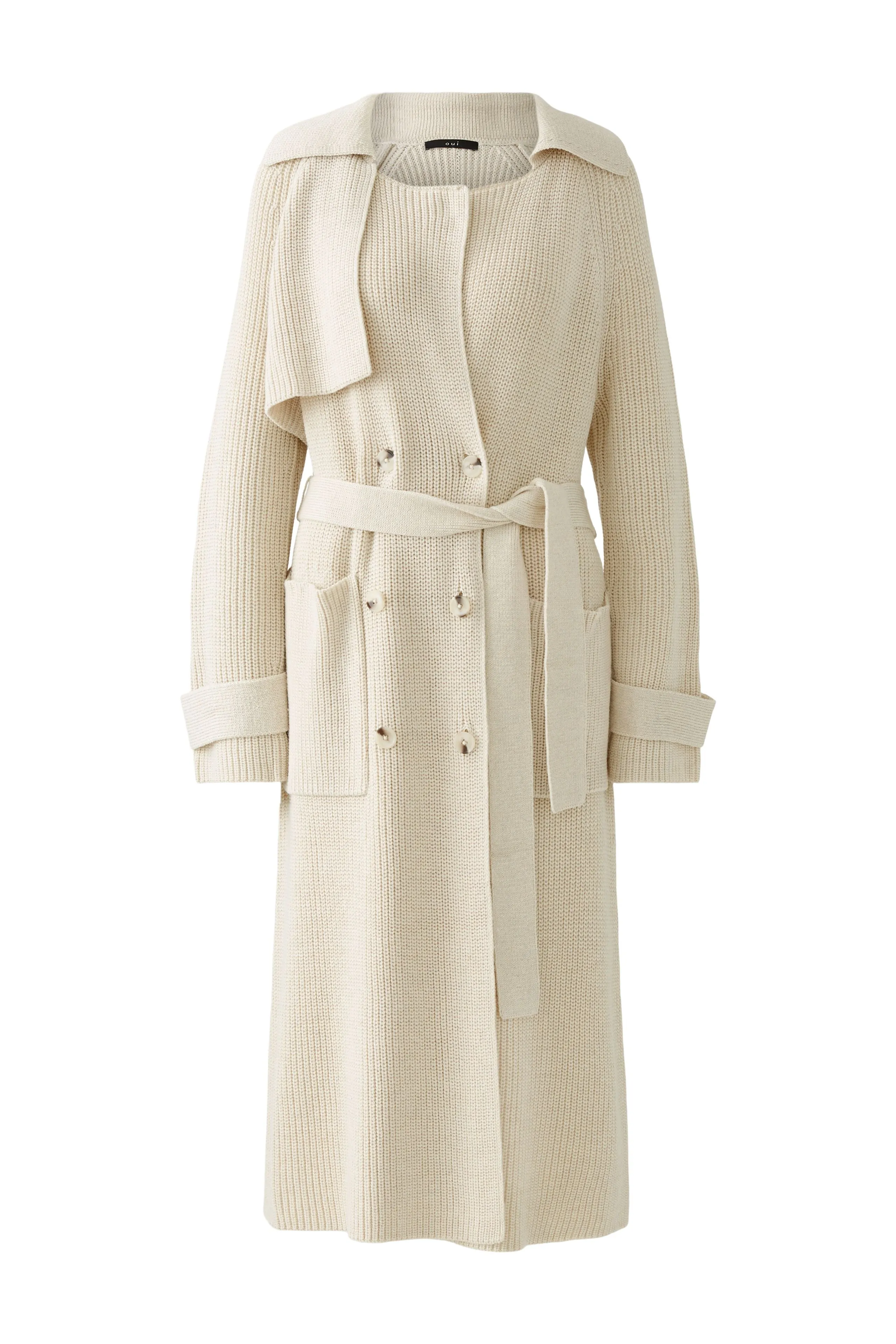 Oui Beige Knitted Long Trench Style Coatigan With Belt