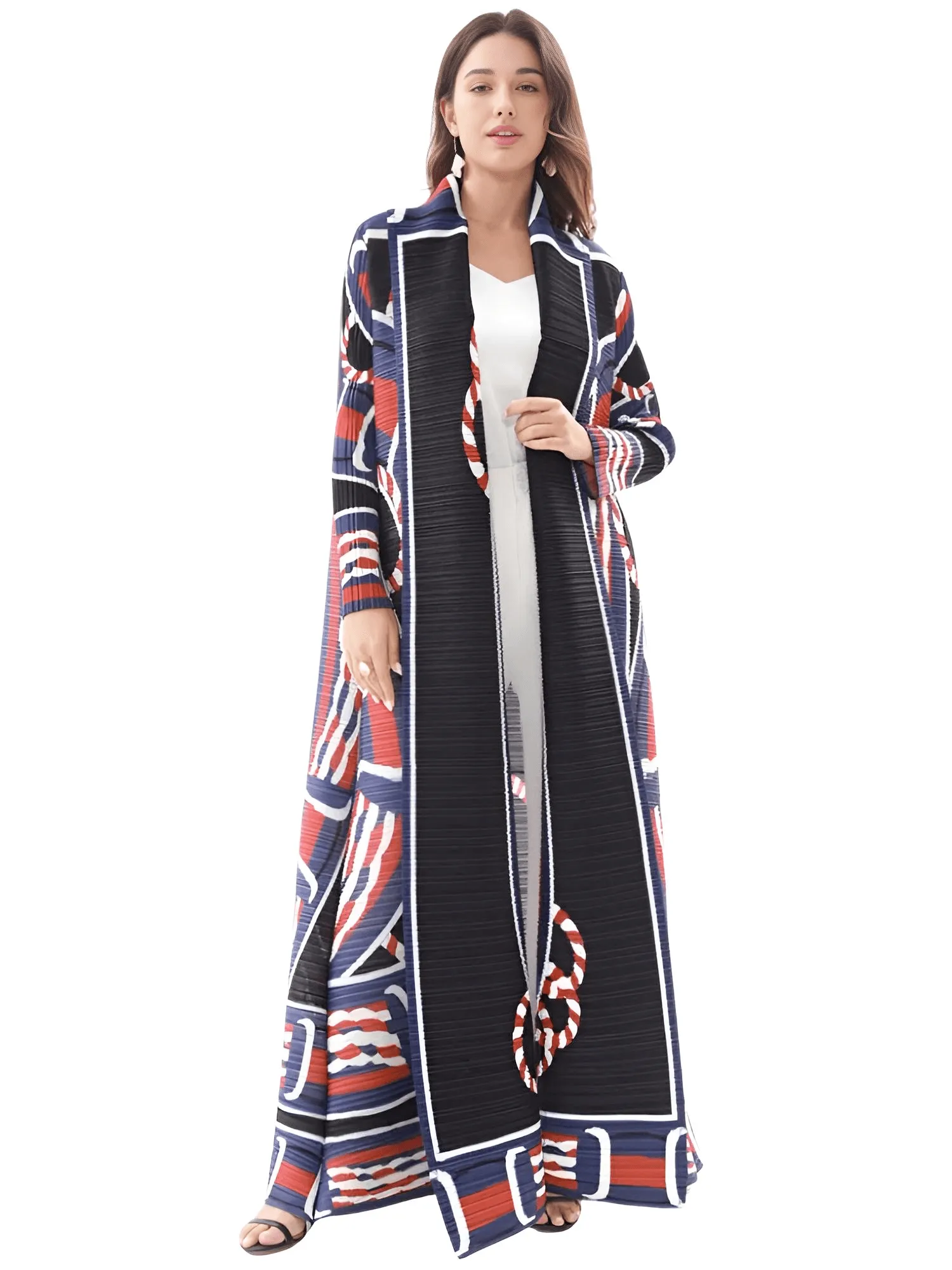 Pleated Vintage Long Jacket Women Printed Long Sleeve Designer New Dubai Style Plus Size Coats