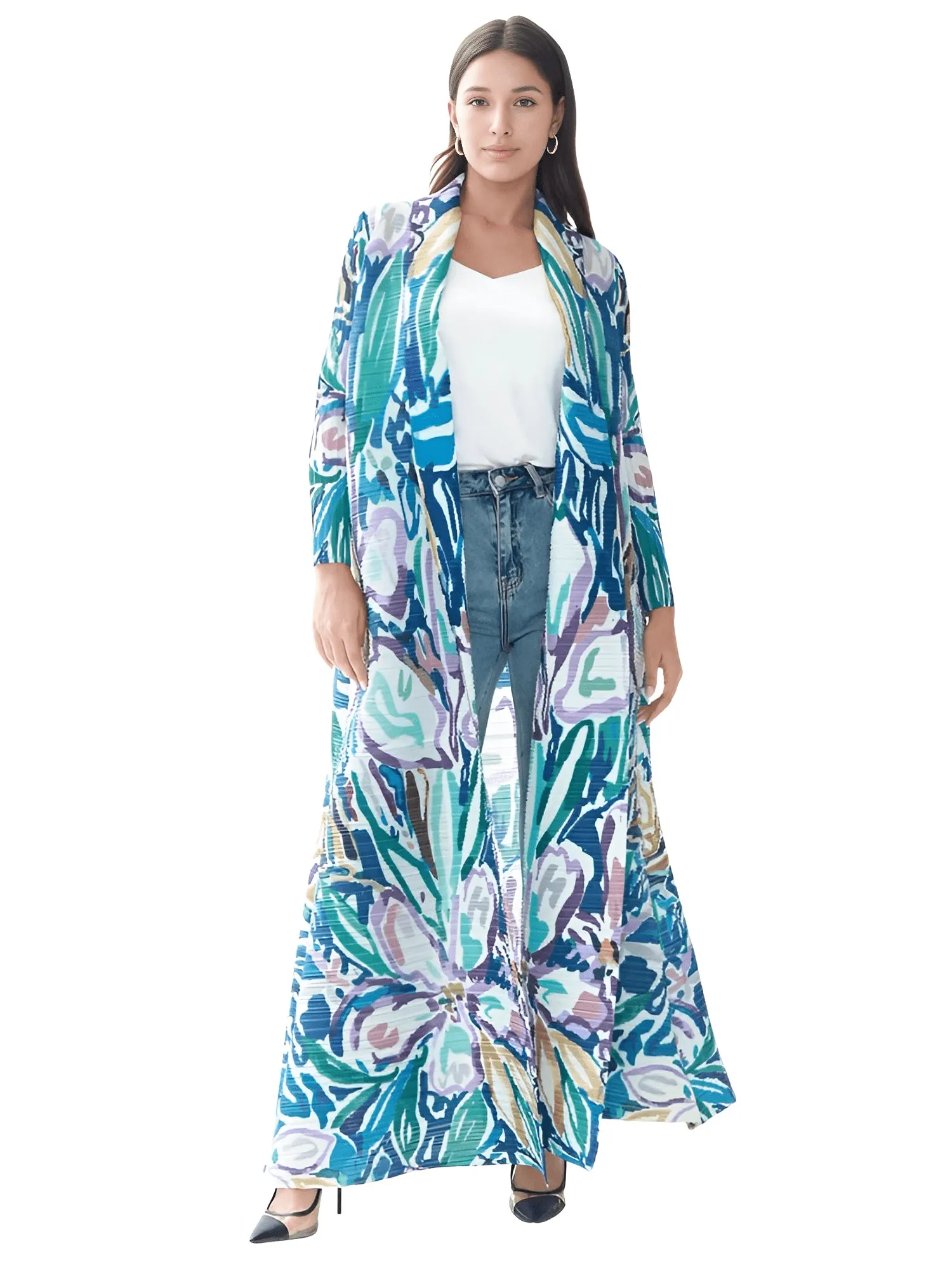 Pleated Vintage Long Jacket Women Printed Long Sleeve Designer New Dubai Style Plus Size Coats