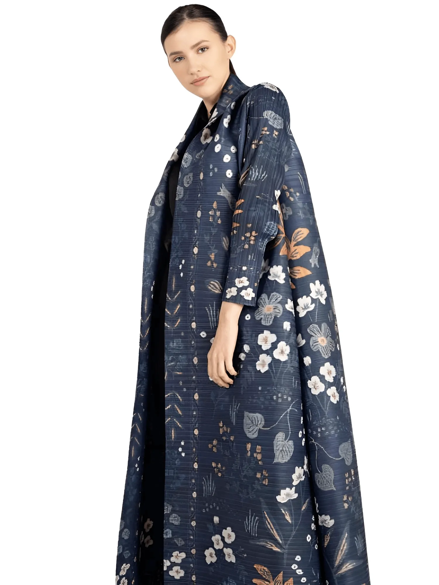 Pleated Vintage Long Jacket Women Printed Long Sleeve Designer New Dubai Style Plus Size Coats