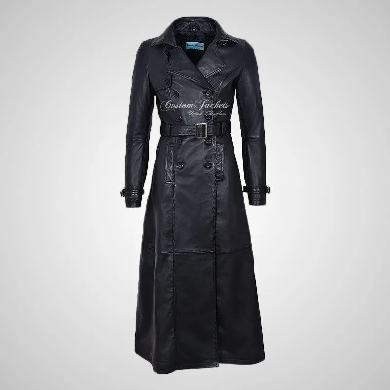 RAVEN Women Full Length Leather Trench Coat with Belt Black