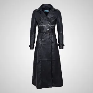 RAVEN Women Full Length Leather Trench Coat with Belt Black