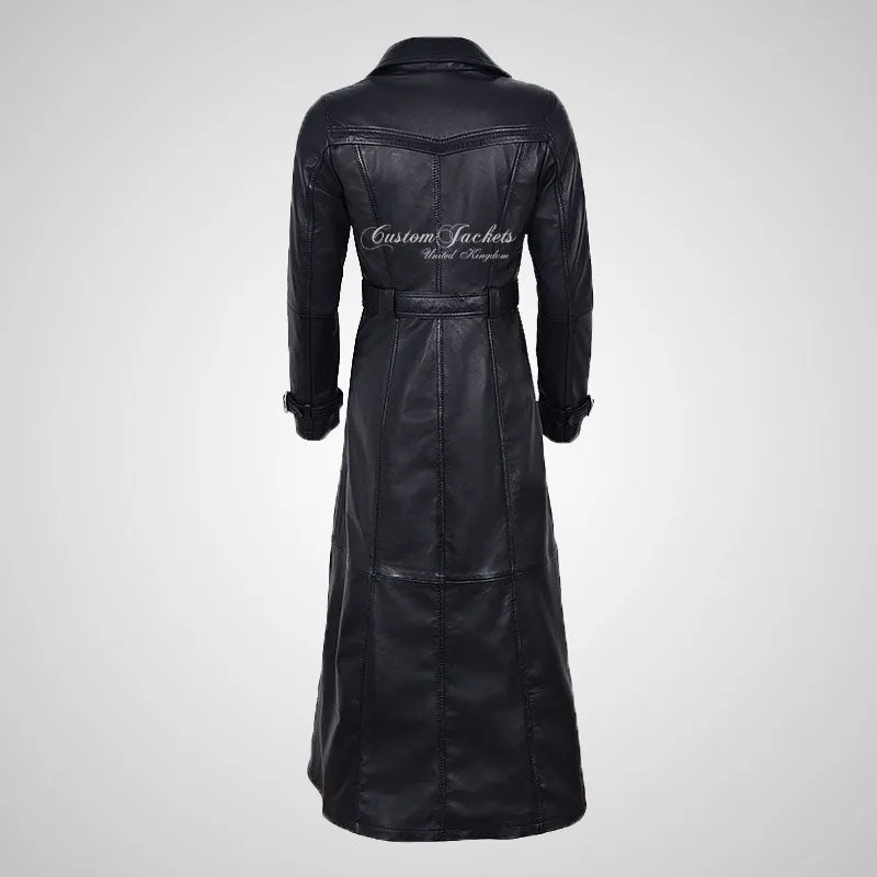 RAVEN Women Full Length Leather Trench Coat with Belt Black