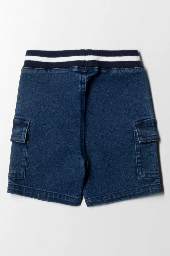 Rib Waist Cargo Denim Short Blue