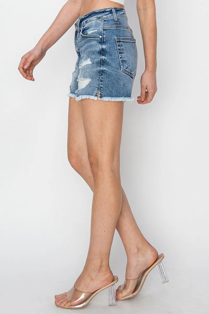 Risen | Wonky Crossover High Rise Side Slit Denim Shorts