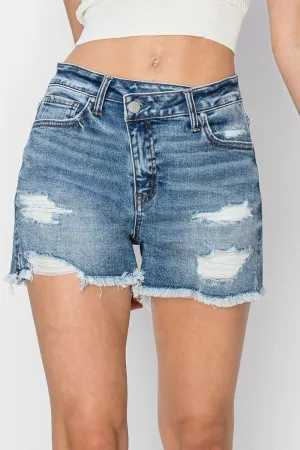 Risen | Wonky Crossover High Rise Side Slit Denim Shorts