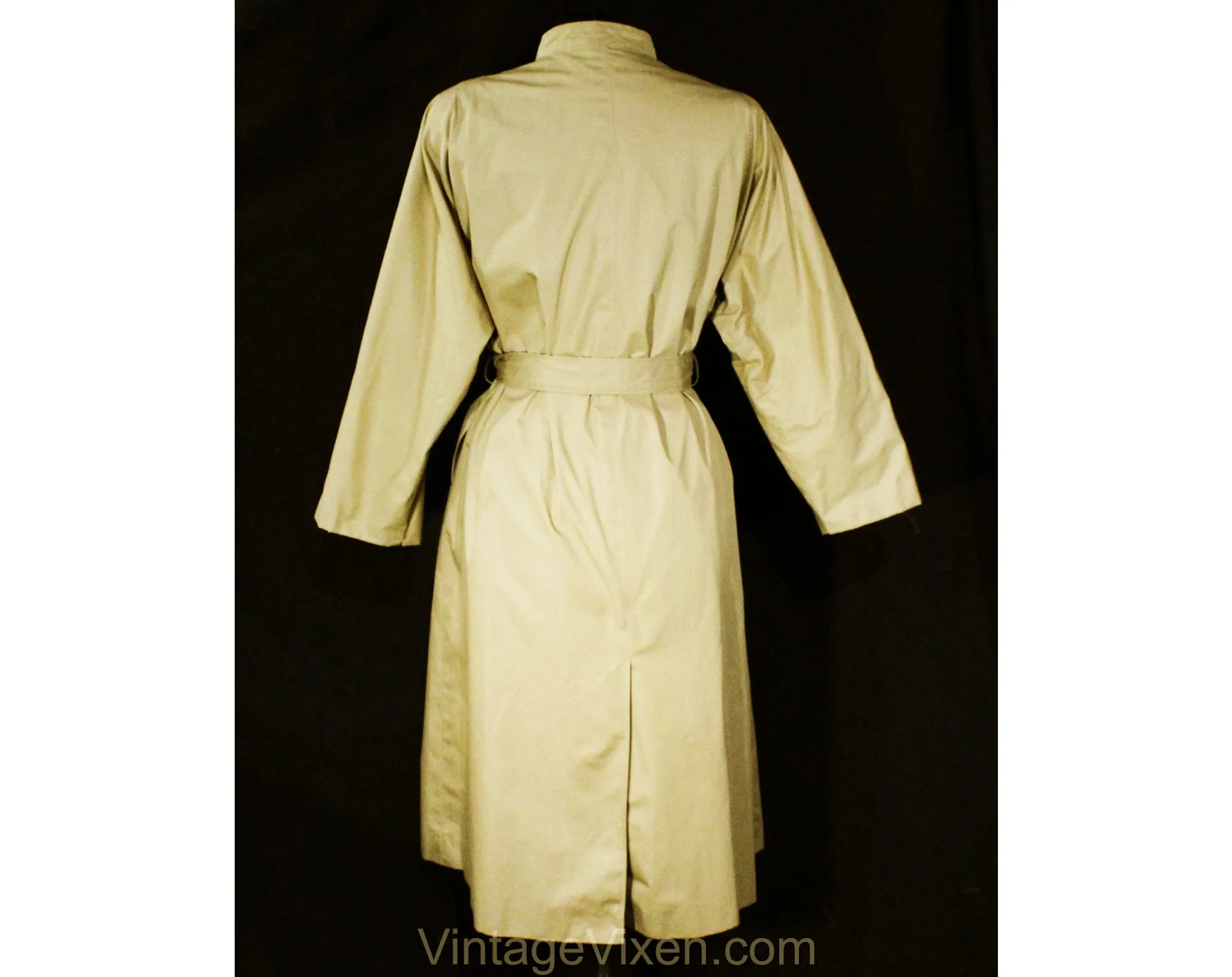 Size 12 Designer Trench Coat - 1980s Tan Cotton Overcoat by Pauline Trigere - Spring Fall Minimalist Classic with Pockets & Belt - Bust 44