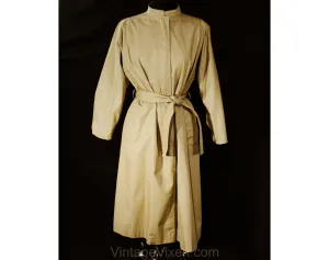 Size 12 Designer Trench Coat - 1980s Tan Cotton Overcoat by Pauline Trigere - Spring Fall Minimalist Classic with Pockets & Belt - Bust 44